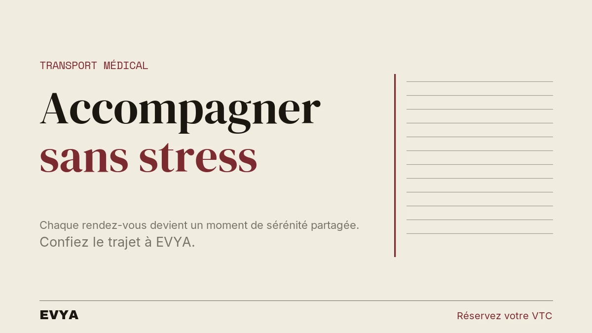 Visuel éditorial sobre : accompagnement médical à Nancy avec VTC privé EVYA, confort et sérénité pour parents âgés