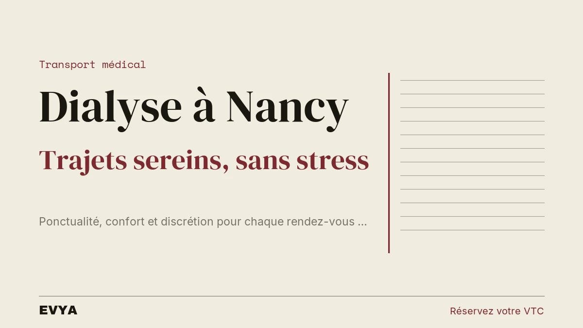 Visuel éditorial EVYA VTC Nancy : accompagnement médical dialyse, trajets réguliers sereins et confortables