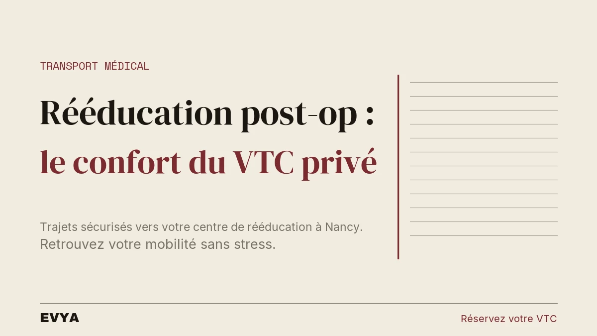 Visuel éditorial sobre : article VTC privé EVYA pour trajets médicaux rééducation Nancy, confort et sécurité post-opératoire