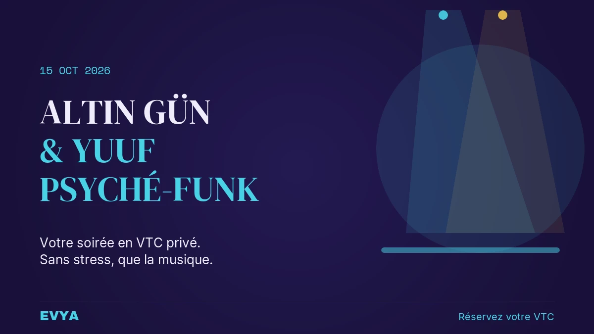 Affiche concert Altin Gün Yuuf 15 octobre 2026 L'Autre Canal Nancy - VTC privé EVYA avec faisceaux de projecteur violet