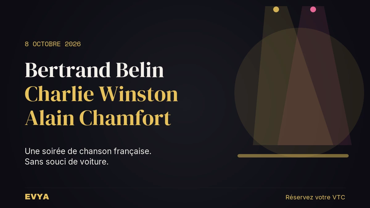 Affiche concert Bertrand Belin Charlie Winston Alain Chamfort 8 octobre 2026 Nancy Pépinière VTC EVYA faisceaux scène or