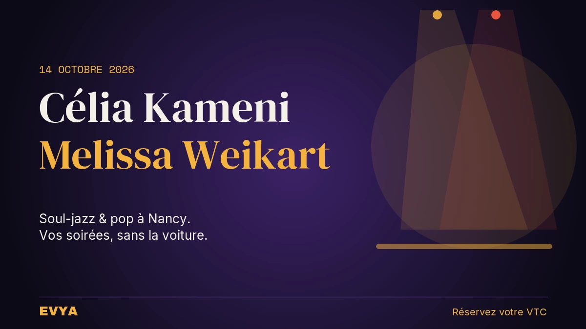 Affiche événement jazz-pop Célia Kameni Melissa Weikart 14 octobre 2026 Théâtre Manufacture Nancy avec VTC EVYA