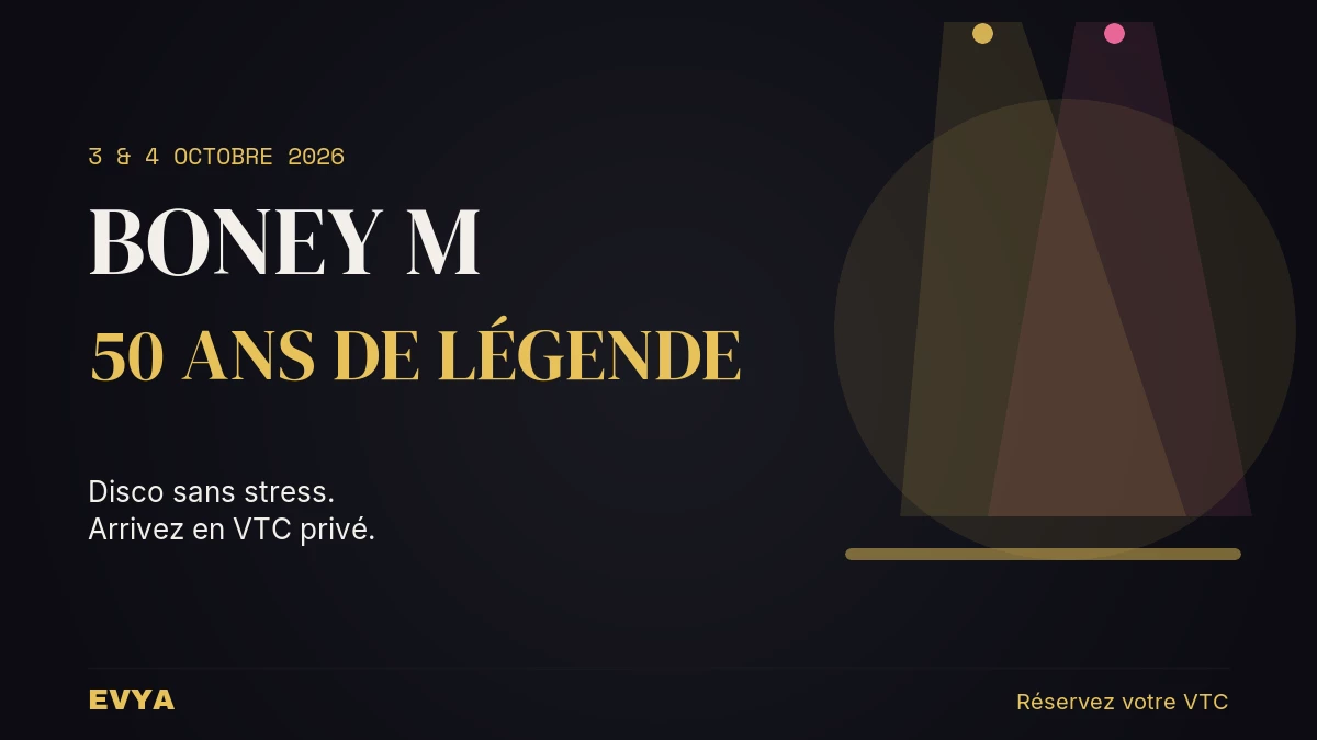 Affiche concert Boney M Nancy octobre 2026 avec projecteurs de scène dorés, réservez votre VTC privé EVYA