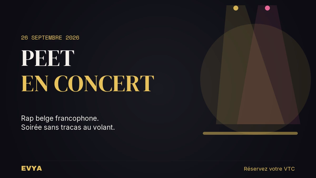 Affiche concert Peet L'Autre Canal Nancy 26 septembre 2026 - VTC privé EVYA avec faisceaux de projecteur et ambiance scène nocturne