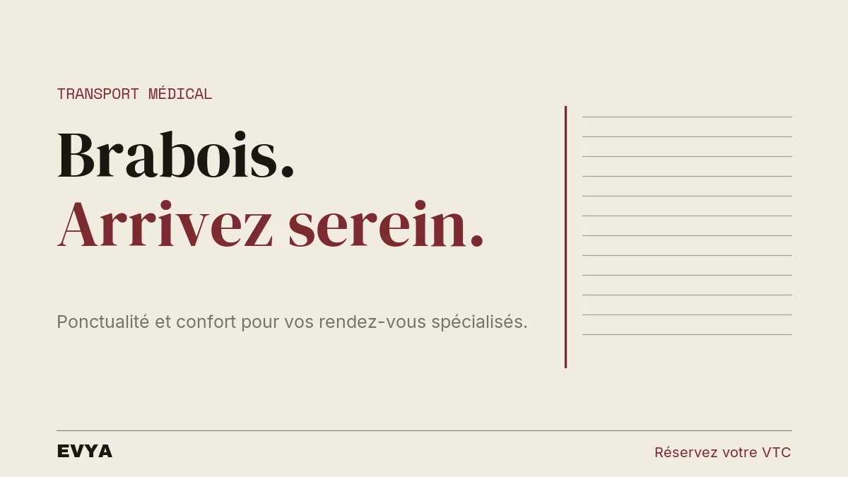 Visuel éditorial sobre : article VTC médical Brabois Nancy, typographie élégante, palette gris-blanc, EVYA transport privé
