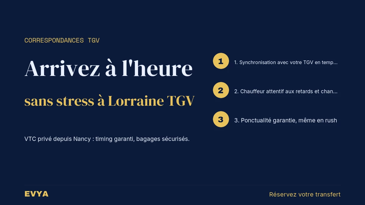 Visuel guide pour VTC privé EVYA : correspondances TGV Lorraine depuis Nancy, transfert gare sans stress.