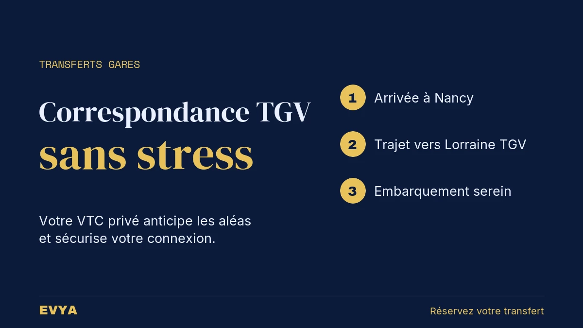 Visuel instructif VTC EVYA pour correspondances TGV Nancy-Lorraine TGV : 3 étapes de transfert privé sans stress