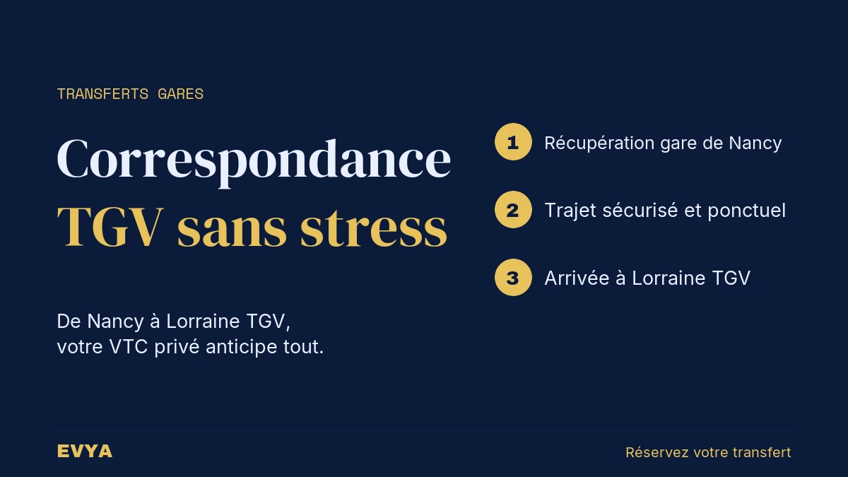 Visuel guide VTC EVYA : correspondance TGV Nancy Lorraine sans stress, transfert privé porte-à-porte