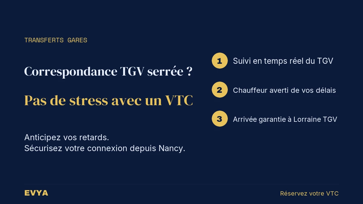 Visuel instructif pour correspondances TGV serrées : VTC privé EVYA Nancy vers Lorraine TGV avec suivi en temps réel et garantie d'arrivée.