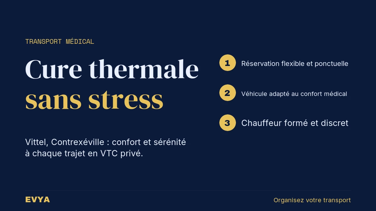 Visuel guide pour organiser son transport en VTC privé vers les cures thermales de Lorraine avec EVYA Nancy