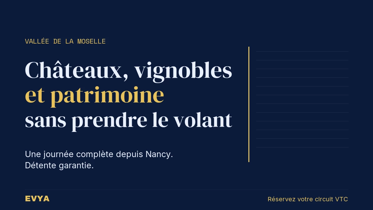 Visuel éditorial sobre : Vallée de la Moselle, châteaux et vignobles, VTC privé depuis Nancy, circuit touristique sans conduire