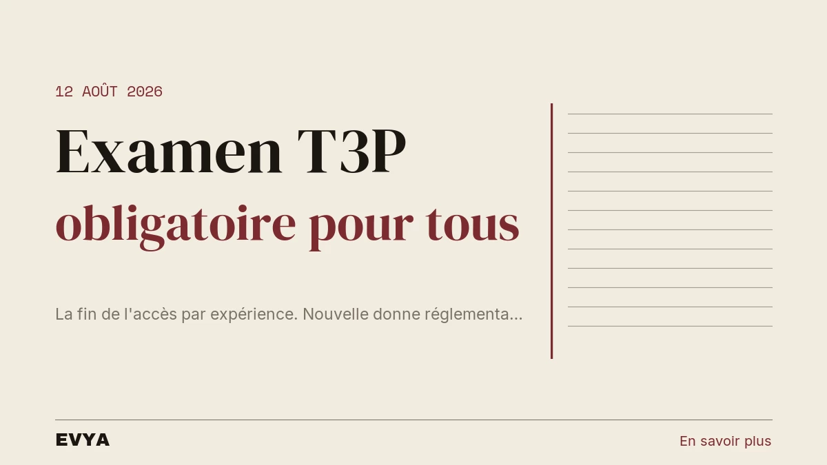 Brève réglementaire : décret août 2026, examen T3P obligatoire VTC, Nancy EVYA