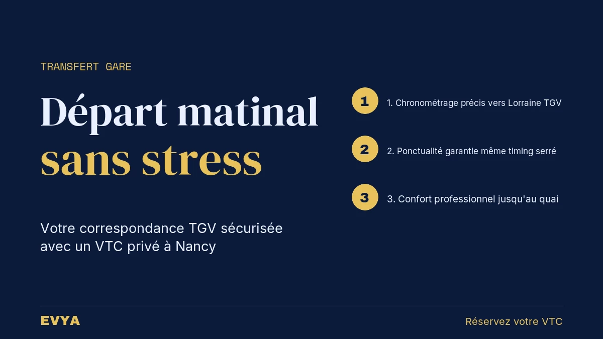 Visuel instructif VTC EVYA Nancy : guide pratique transfert matinal gare Lorraine TGV sans stress, avec 3 étapes de ponctualité