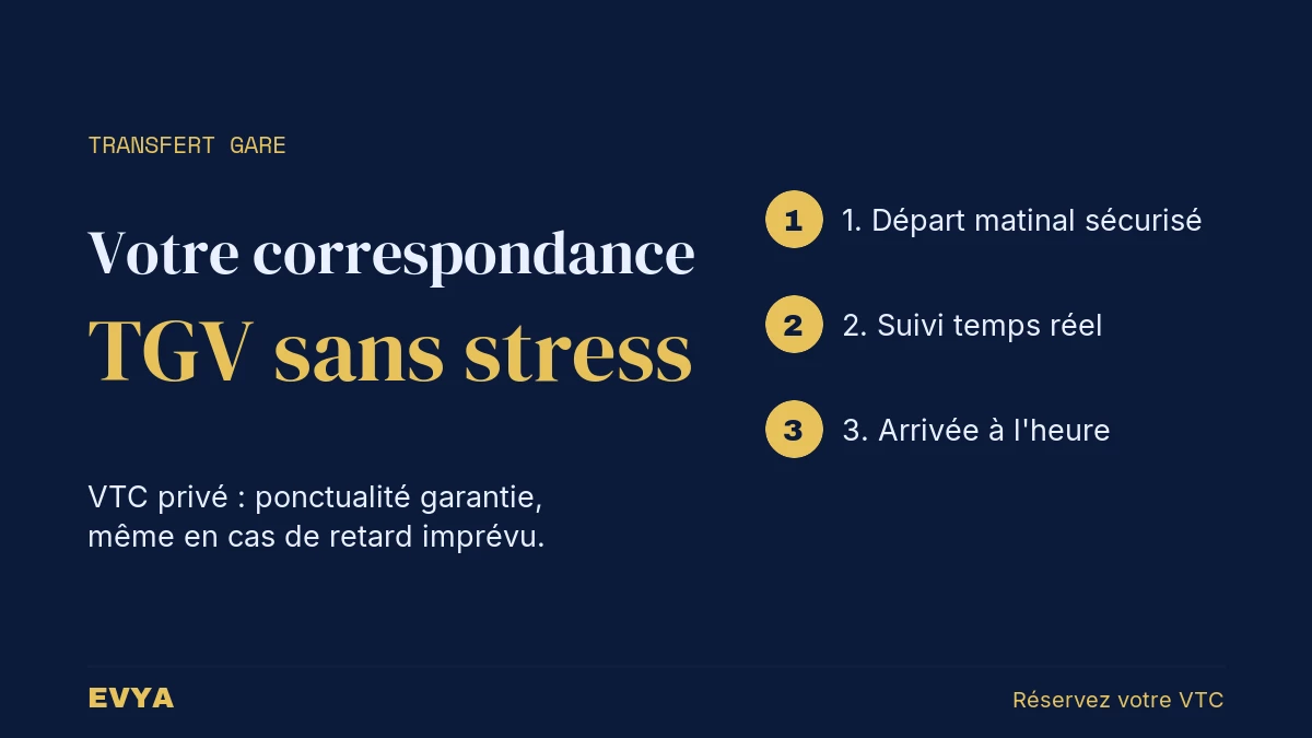 Visuel guide pour transfert VTC vers Lorraine TGV depuis Nancy : 3 étapes de correspondance sans stress avec EVYA chauffeur privé