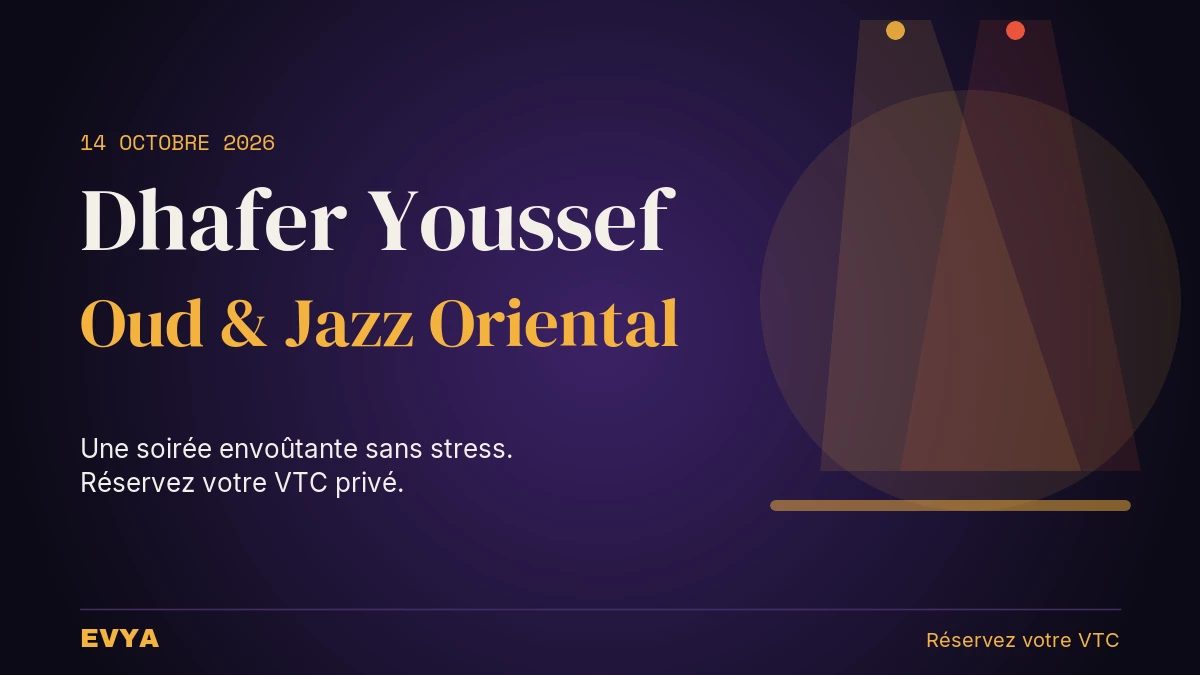 Affiche concert Dhafer Youssef à l'Opéra National de Lorraine Nancy 14 octobre 2026 avec faisceaux de projecteur, réservation VTC EVYA