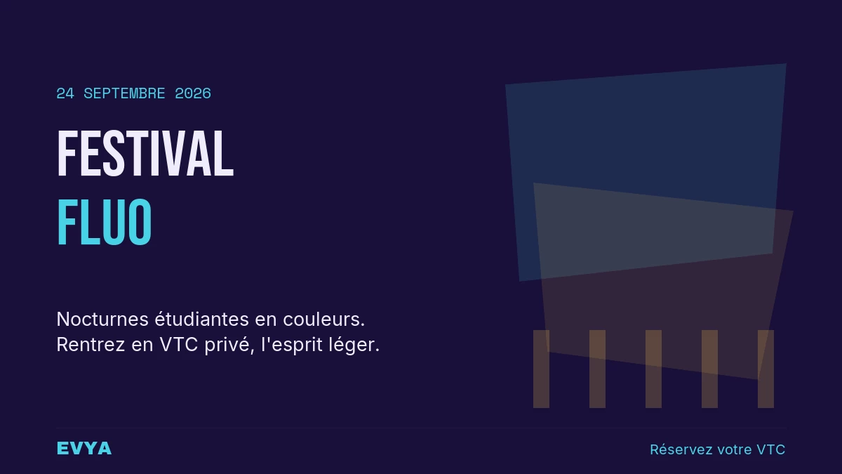 Affiche Festival Fluo 24 septembre Nancy - Nocturnes étudiantes au Muséum-Aquarium. Réservez un VTC EVYA pour venir en groupe et rentrer en…