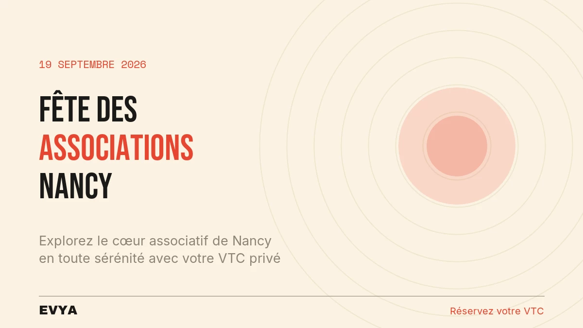 Affiche festive Fête des Associations Nancy 19 septembre 2026 – VTC privé EVYA pour découvrir l'événement place Carrière