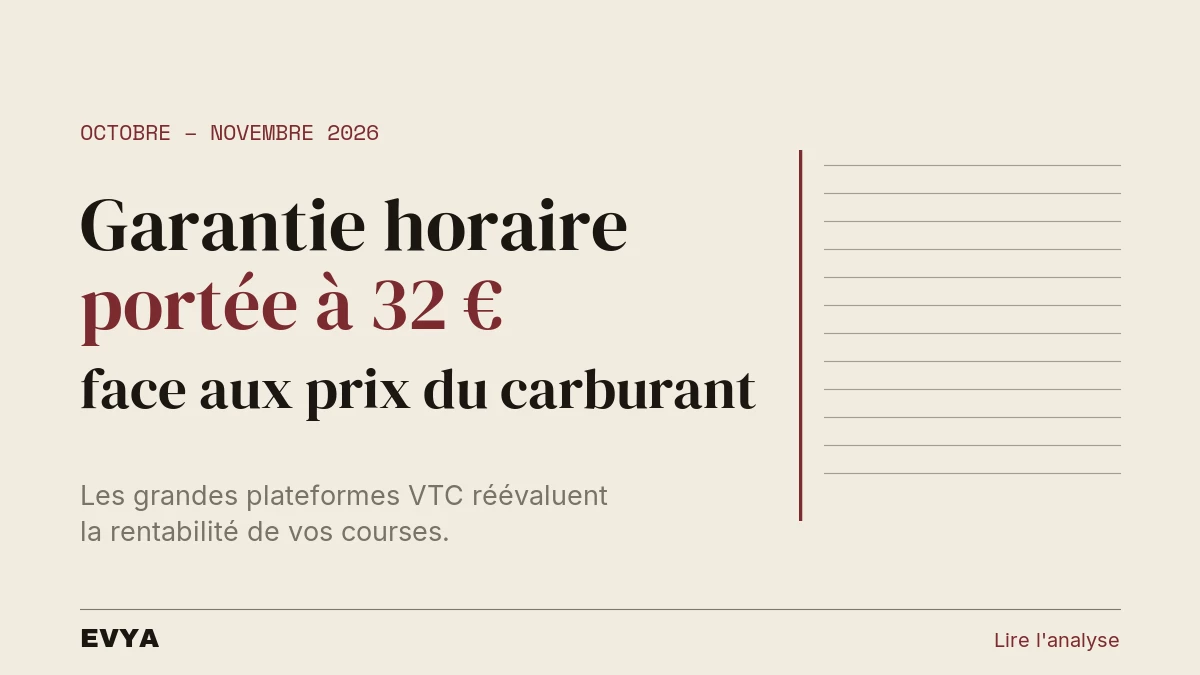 Brève éditoriale sur la revalorisation de la garantie horaire VTC à 32 euros en octobre 2026, contexte carburant. EVYA Nancy.