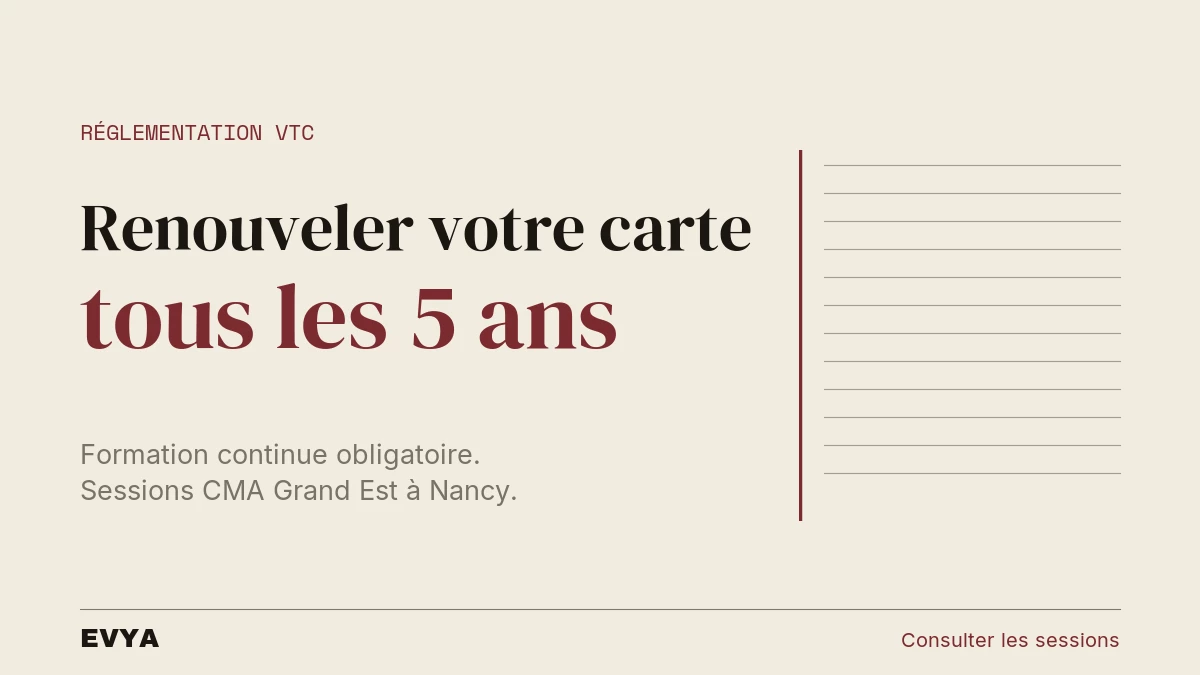 Affiche éditoriale grise et noire : renouvellement carte VTC obligatoire tous les 5 ans, formations CMA Grand Est Nancy