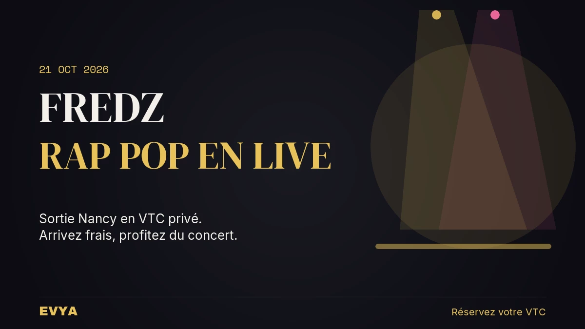 Affiche concert Fredz L'Autre Canal Nancy 21 octobre 2026 - VTC privé EVYA avec faisceaux de projecteur et ambiance scène