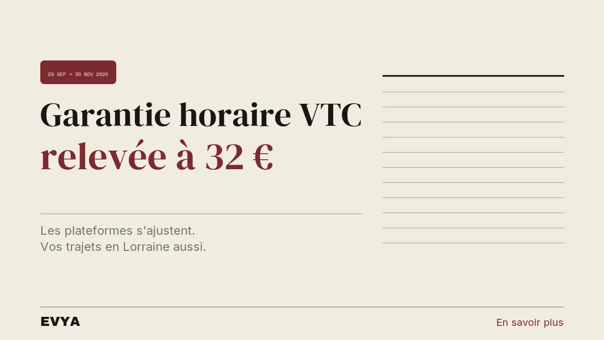 Brève presse : hausse garantie horaire VTC 32 euros octobre-novembre 2026 Nancy Lorraine EVYA
