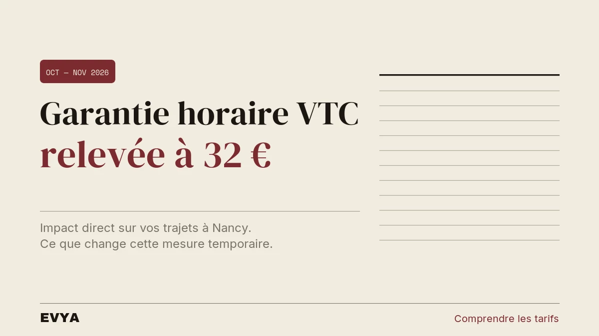 Brève presse : garantie horaire VTC relevée à 32 euros octobre-novembre 2026, Nancy Lorraine, EVYA chauffeur privé
