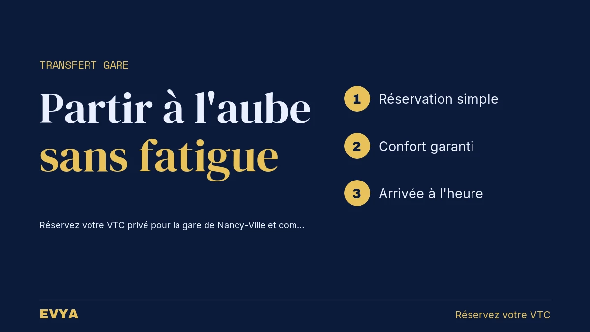 Visuel instructif VTC EVYA Nancy : trois étapes pour un transfert sans stress à la gare de Nancy-Ville au petit matin, palette bleu marine …