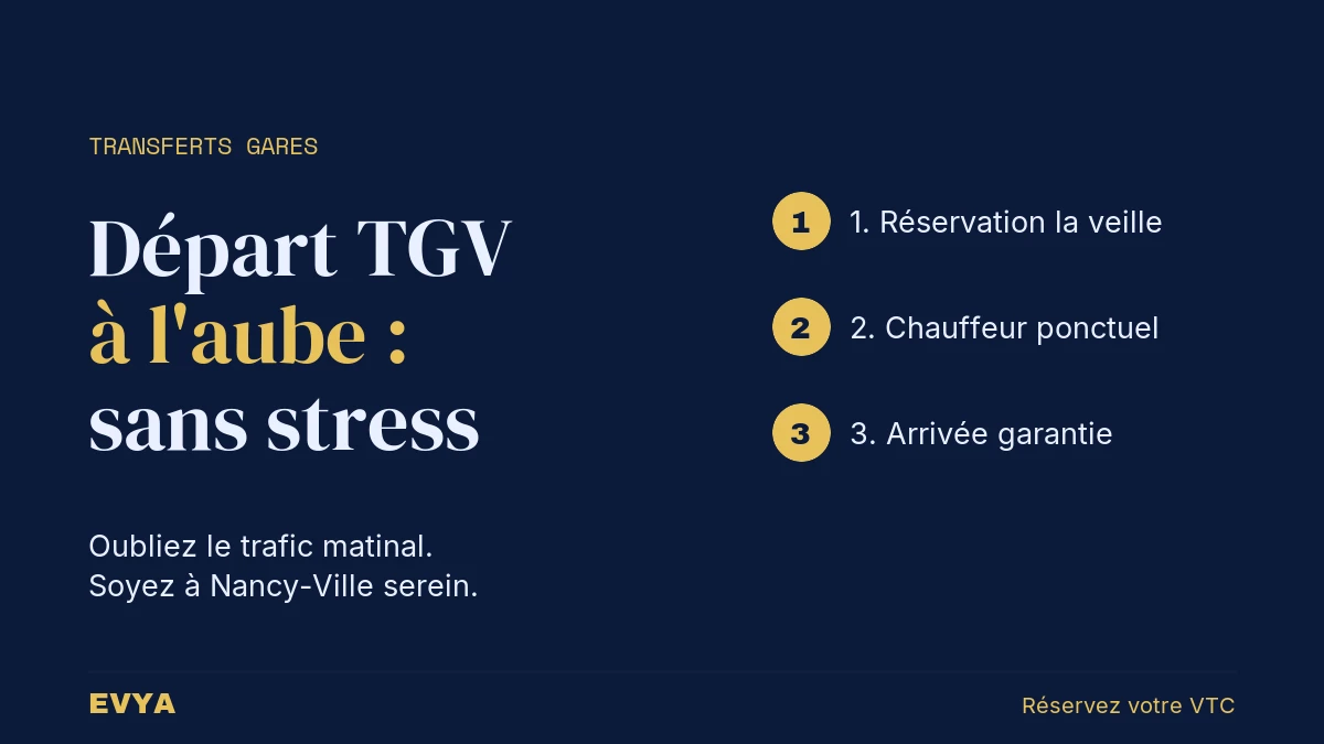 Visuel guide Nancy VTC EVYA : 3 étapes pour un transfert gare sans stress avant un départ TGV matinal à Nancy-Ville