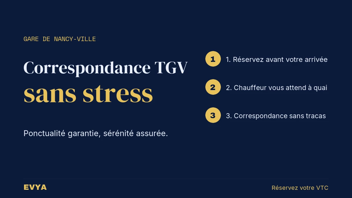 Visuel instructif pour réserver un VTC EVYA à la gare de Nancy-Ville pour vos correspondances TGV en toute sérénité.