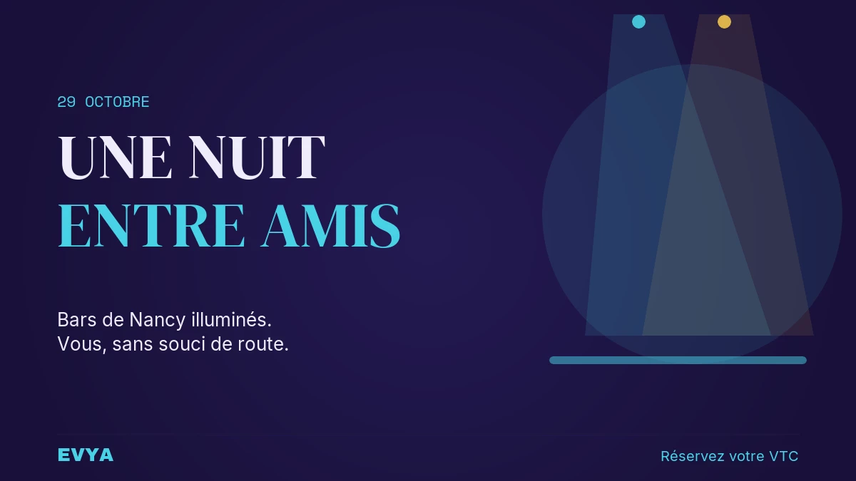 Affiche Halloween Pub Crawl Nancy 29 octobre : faisceaux de projecteurs violets, typographie festive, appel à réserver un VTC EVYA pour la …