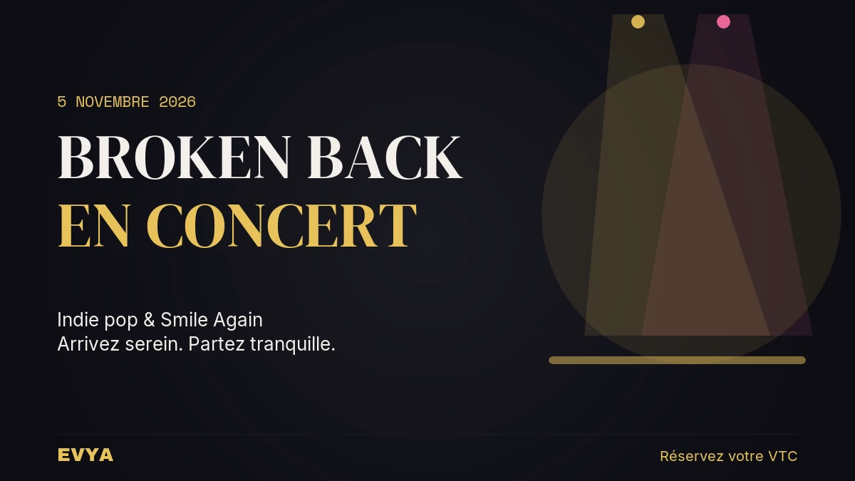 Affiche concert Broken Back 5 novembre L'Autre Canal Nancy avec faisceaux de scène or et noir, logo VTC EVYA, réservation VTC en bas