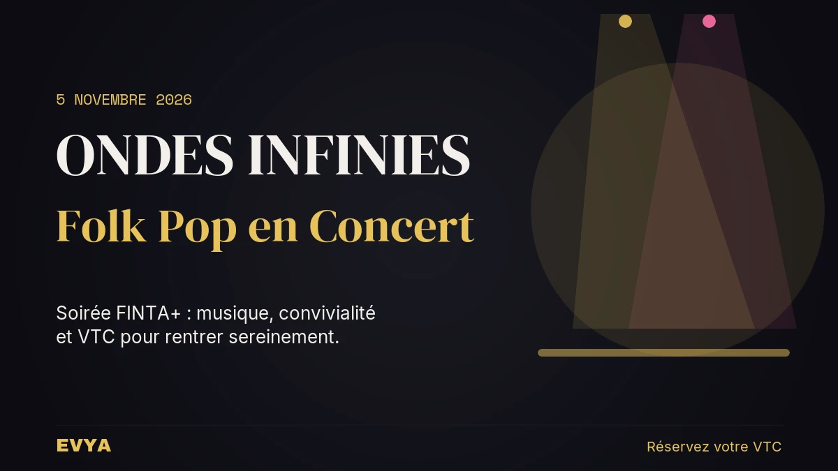 Affiche concert Ondes Infinies folk pop soirée FINTA+ 5 novembre L'Autre Canal Nancy avec faisceaux de projecteur or et nuit, réservez VTC …