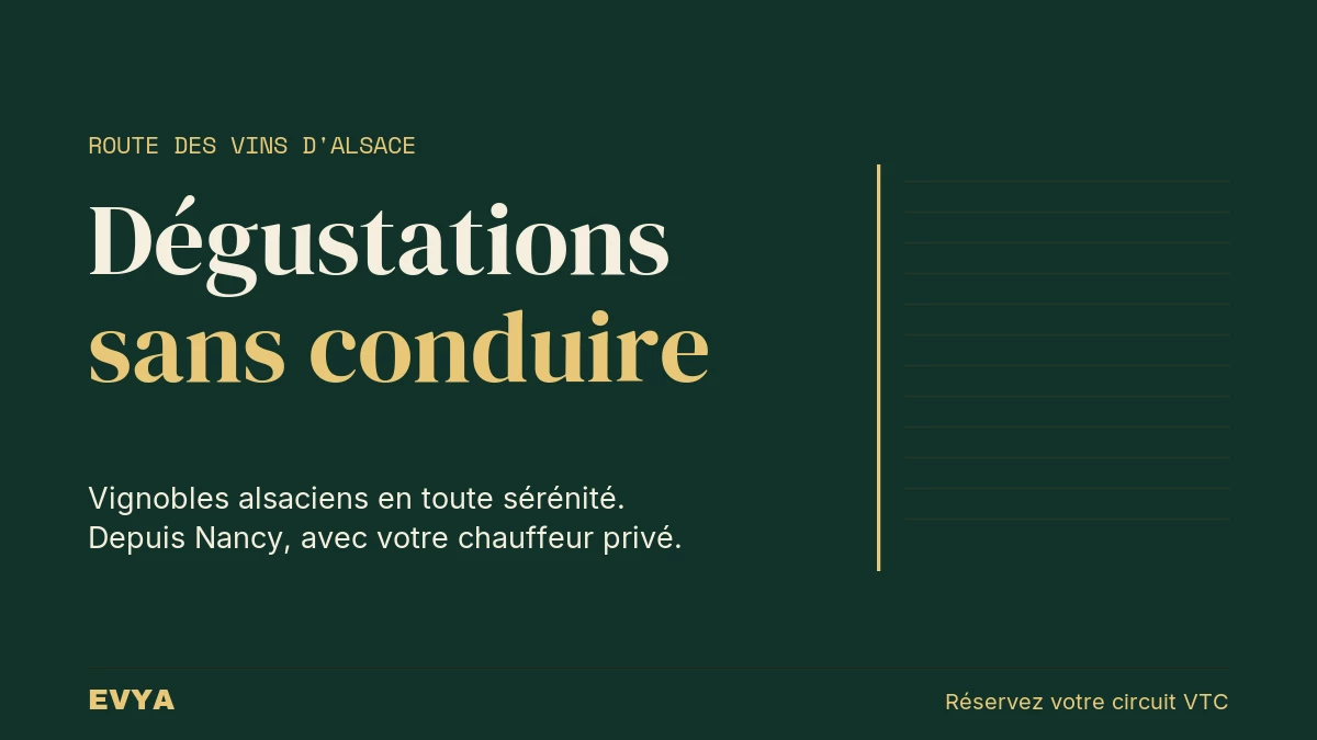 Visuel éditorial d'un circuit viticole en VTC privé sur la Route des Vins d'Alsace depuis Nancy, avec dégustations sans conduire.