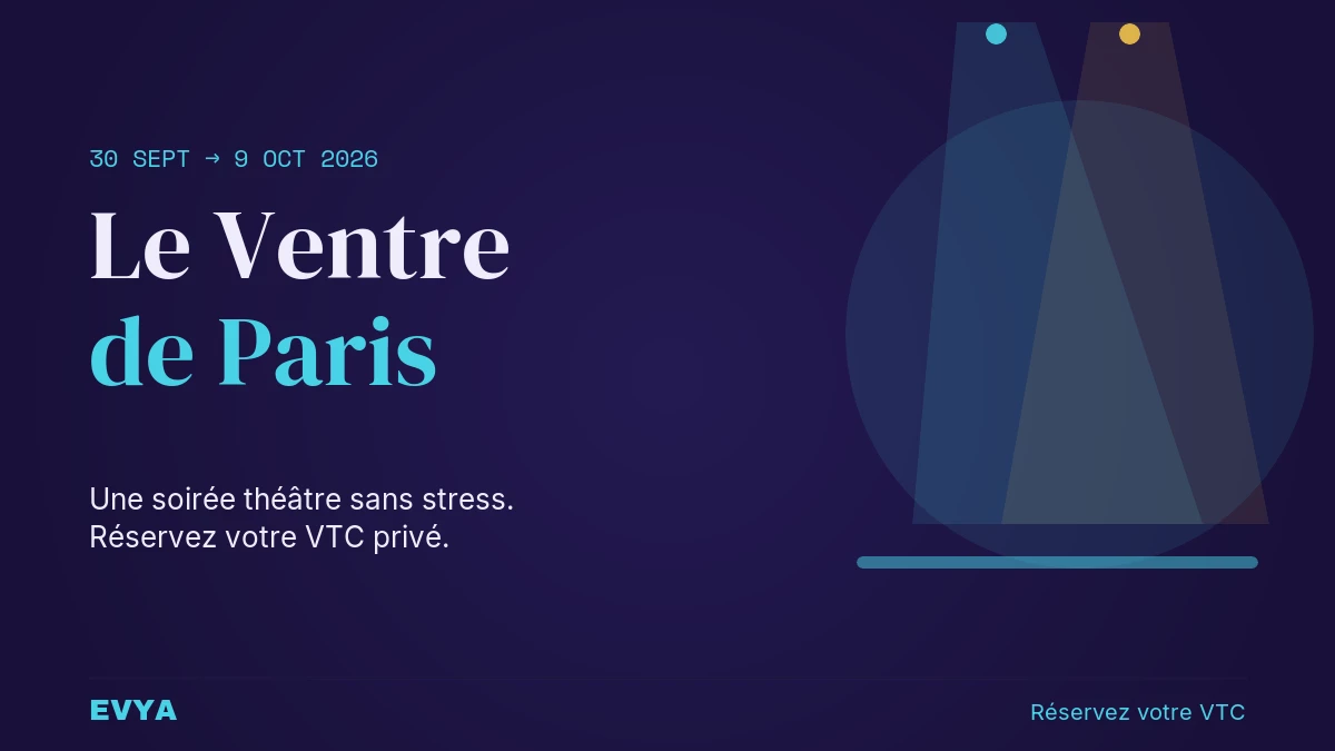 Affiche du spectacle Le Ventre de Paris à Nancy avec projecteurs de scène, dates septembre-octobre 2026, réservation VTC EVYA