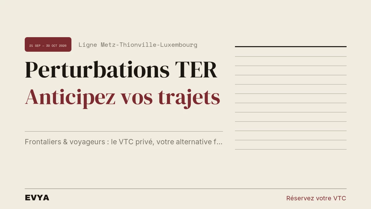 Brève presse : perturbations TER Metz-Thionville-Luxembourg septembre-octobre 2026. VTC privé EVYA Nancy, alternative transport.