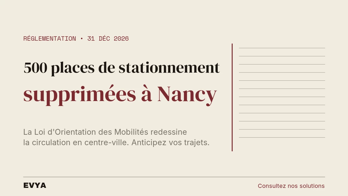 Infographie réglementation mobilité Nancy : suppression places stationnement passages piétons 2026, VTC EVYA