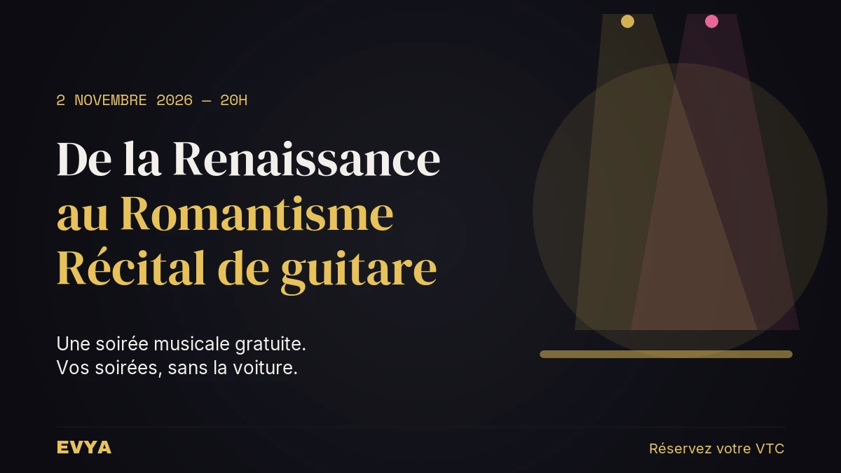 Affiche du récital de guitare classique au Conservatoire de Nancy, 2 novembre 2026. Réservez votre VTC EVYA pour une sortie culturelle en t…