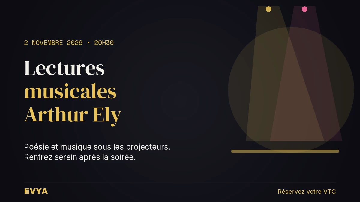Affiche événement spotlight doré : lectures musicales Arthur Ely 2 novembre, Médiathèque Manufacture Nancy. VTC EVYA pour rentrer après la …