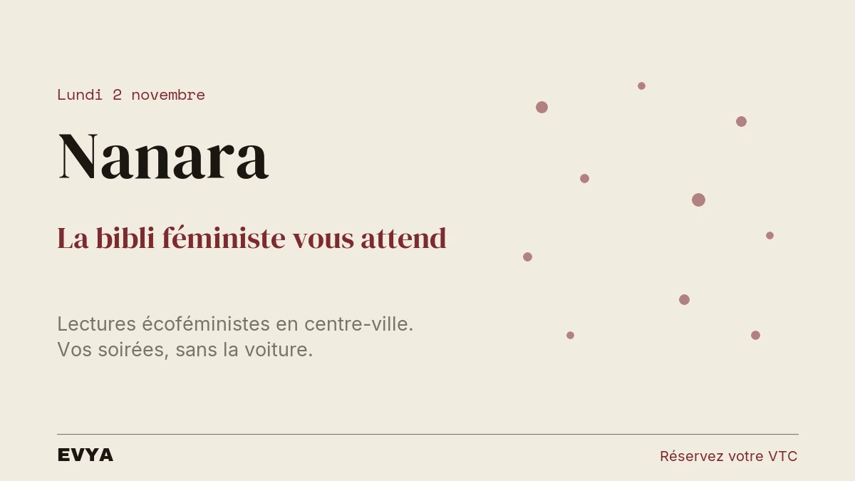Affiche événement Nanara bibli féministe lundi 2 novembre à Ancrage Nancy, réservez VTC EVYA