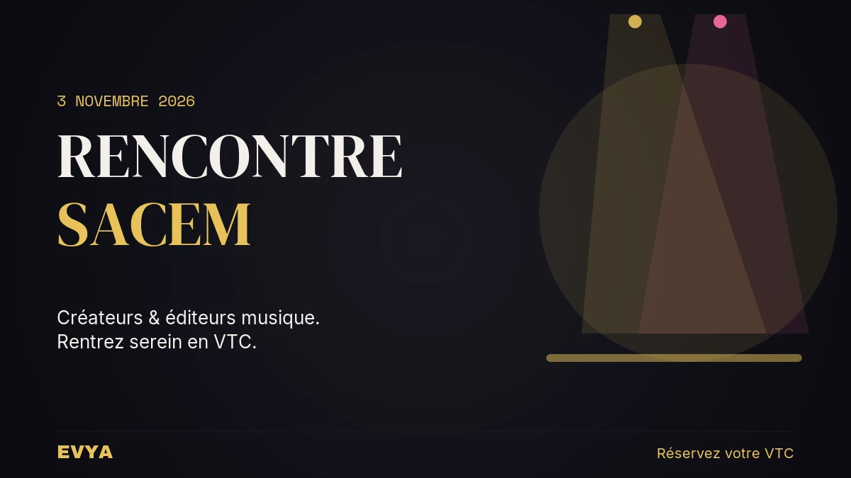 Affiche événement SACEM Nancy 3 novembre : faisceaux de projecteur or sur fond noir, VTC EVYA pour trajets professionnels sécurisés.