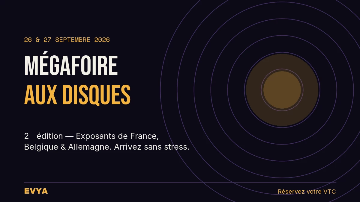 Affiche festive Mégafoire aux Disques Nancy 2026, 26-27 septembre, L'Autre Canal. Réservez votre VTC EVYA pour y aller sans stress.