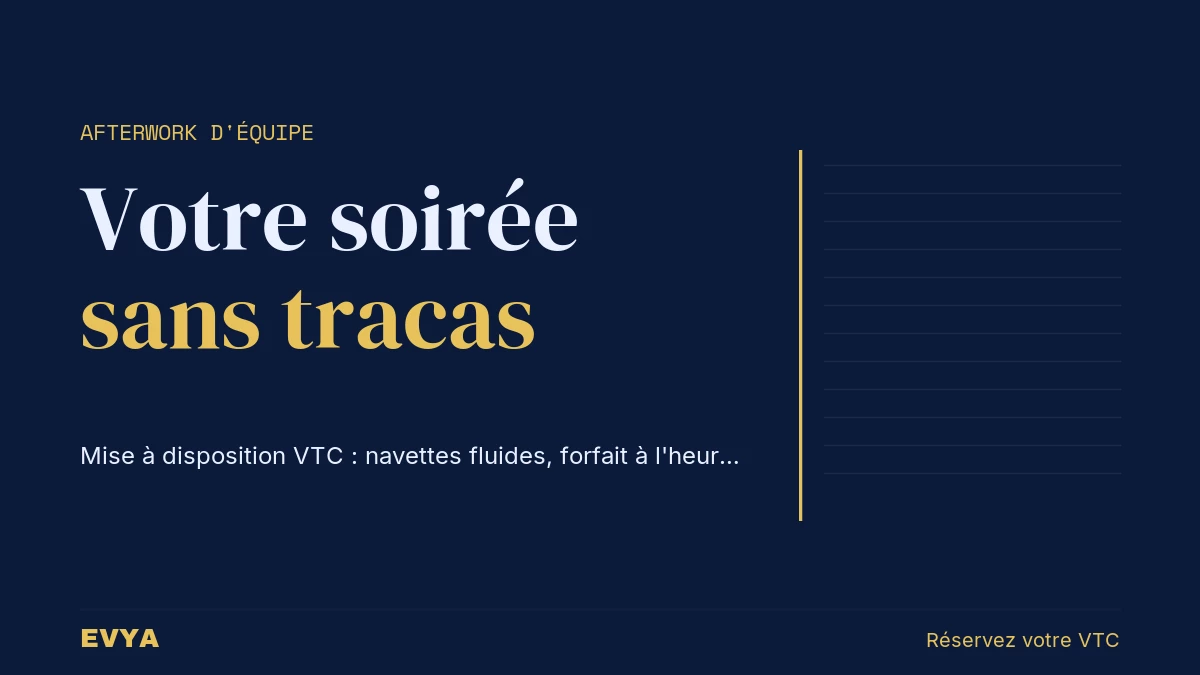 Visuel éditorial sobre pour mise à disposition VTC afterwork Nancy : titre 'Votre soirée sans tracas' en bleu marine, design minimaliste EV…