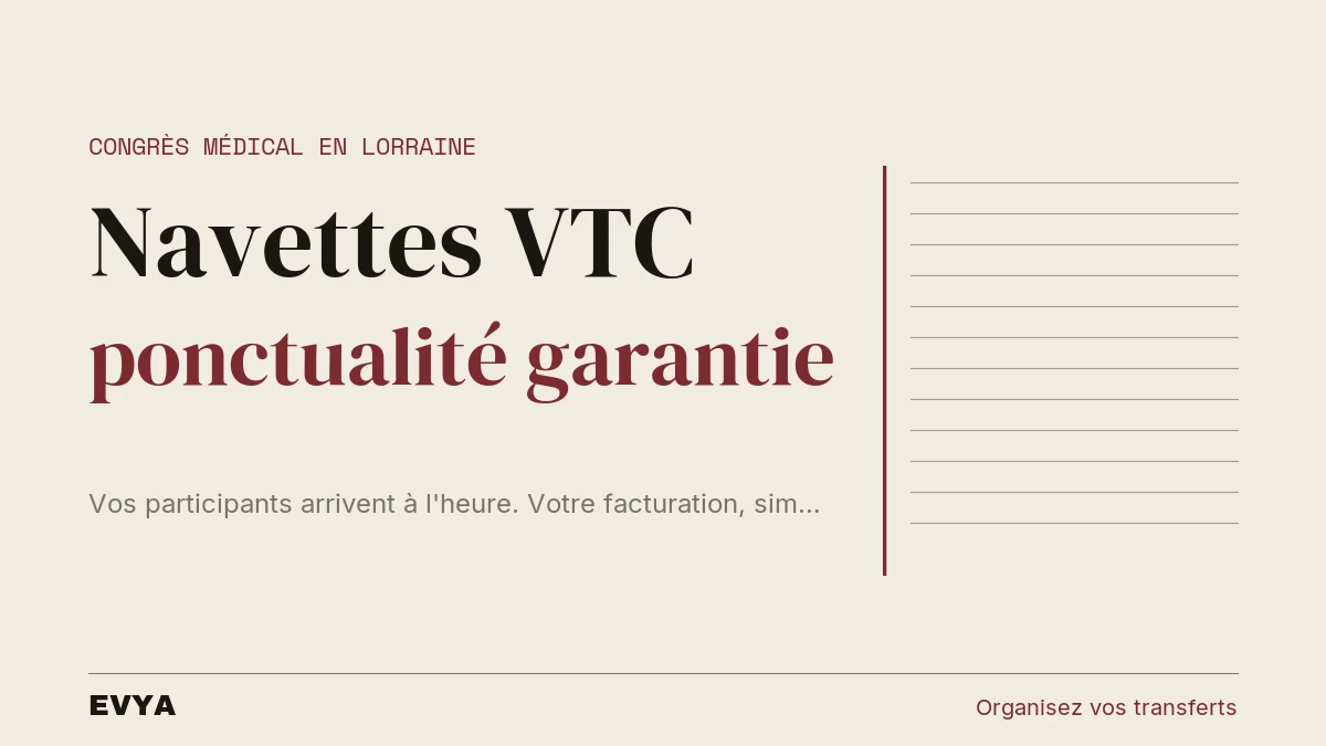 Visuel éditorial pour mise à disposition VTC haut de gamme EVYA lors de congrès médical en Lorraine, Nancy, avec accent sur ponctualité et …