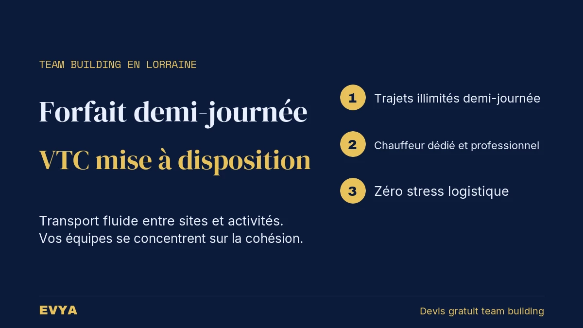 Visuel article VTC mise à disposition demi-journée pour team building en Lorraine - EVYA Nancy transport professionnel cohésion d'équipe