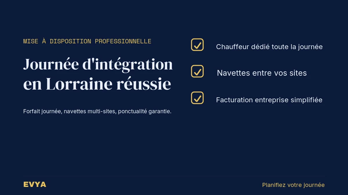 Visuel checklist pour mise à disposition VTC journée intégration entreprise Nancy Lorraine EVYA, forfait chauffeur privé professionnel
