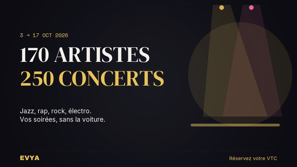 Affiche Nancy Jazz Pulsations 2026 : 170 artistes et 250 concerts du 3 au 17 octobre. Réservez votre VTC privé EVYA pour profiter du festiv…