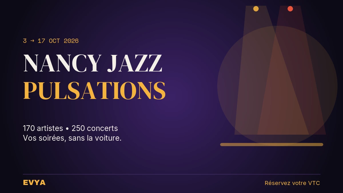 Affiche du festival Nancy Jazz Pulsations 2026 avec faisceaux de projecteur, 170 artistes et 250 concerts du 3 au 17 octobre à Nancy - Rése…