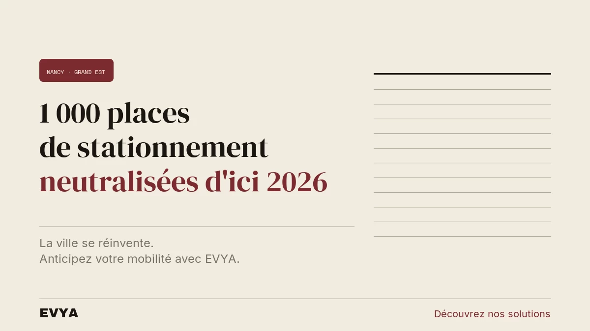 Infographie éditoriale sobre : 1000 places de stationnement neutralisées à Nancy avant 2026 pour sécuriser les passages piétons. VTC EVYA à…