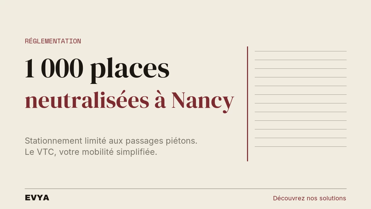 Infographie éditoriale : neutralisation de 1000 places de stationnement à Nancy d'ici 2026. VTC EVYA, alternative de mobilité.