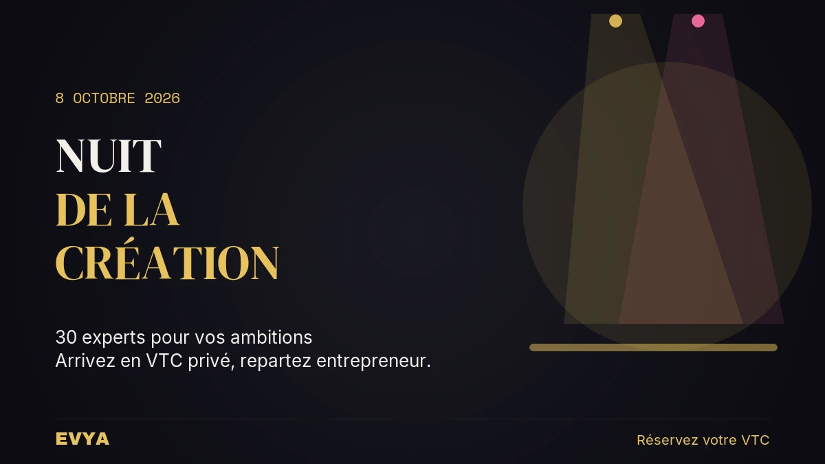 Affiche Nuit de la Création 8 octobre au Pala V de Laxou à Nancy – Réservez votre VTC privé EVYA pour cet événement entrepreneurial